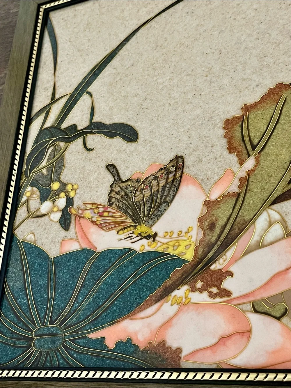 Vintage Ceramic Tile Art Arrangement Of Botanical And Butterfly Motif 18/19 Inch